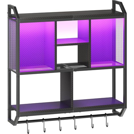 Étagère Murale pour Console de Jeu, Rangement Vertical à 4 Niveaux, Présentoir Flottant avec éclairage LED et 6 Crochets, pour Salle d’e-Sport, Cuisine, café, Bistro, Noir (1/5)
