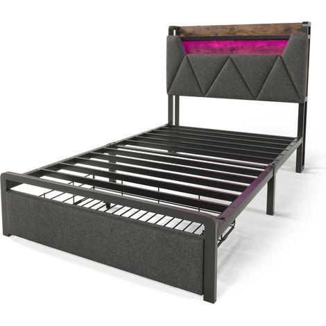 Bettgestell 90 x 200 cm aus grauem Leinen mit LED, USB-C, Schubladen und Metallrahmen (1/5)