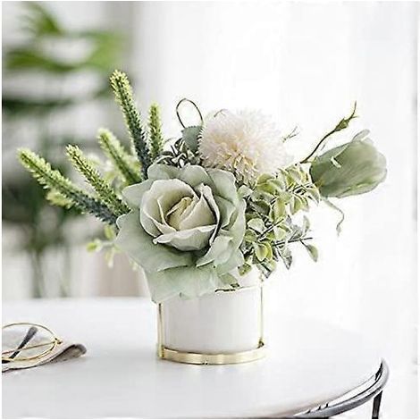 Roses artificielles en pot de fleurs en céramique - Support à fleurs en métal - Couronne décorative (1/5)