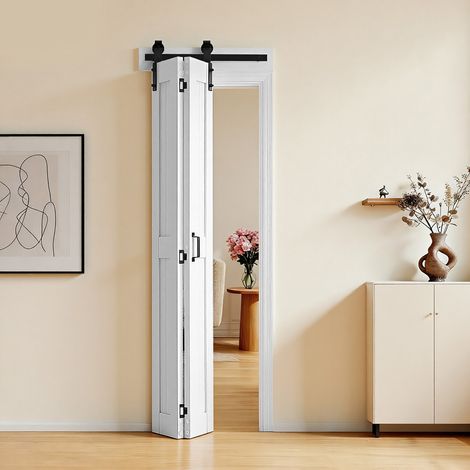 Porte Coulissante Intérieure 60,9x213,4 cm, Porte de Grange Pliante en MDF Quincaillerie Incluse, pour Séparation de Pièce Chambre Salon Placard, Compacte, Cadre en H, Assemblage Requis, Blanche (1/5)