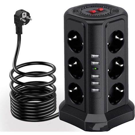 Tour multiprise parafoudre et surtension, Multiprise Electrique avec 5 Ports USB et 12 Prises, multiprise avec et 3 Interrupteurs, Noir (1/4)