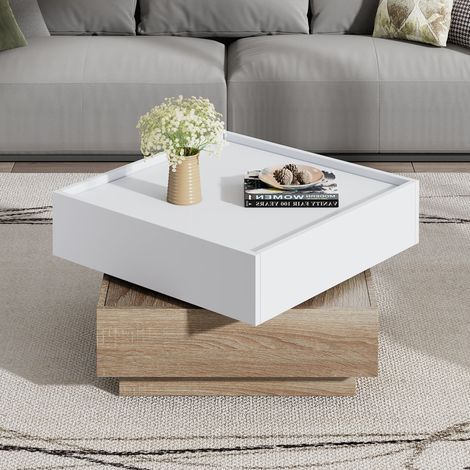 AMXCNOY Table basse fonctionnelle, table de salon, plateau pivotant à 360° avec 2 étagères et un espace de rangement, table d'appoint avec structure en noyer pour le salon, blanche, 60 x 60 x 38 cm (1/5)