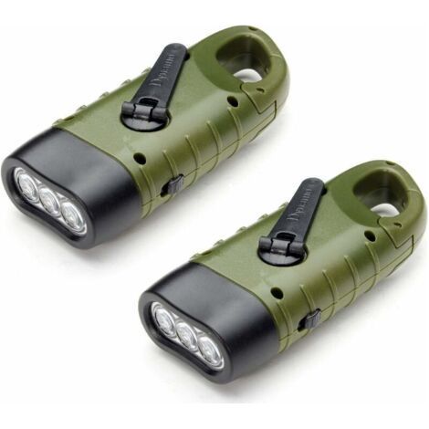 Rechargeable Solar Torch Light - 2 Pack, LED Dynamo Crank Flashlight with Carabiner, Hiking Travel Camping Climbing (Army Green) (1/5)
