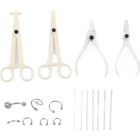 Kit de perçage corporel 7 pièces professionnel : outils, pinces, aiguilles et bijoux (studs, anneaux) pour oreilles et nez. (1/5)