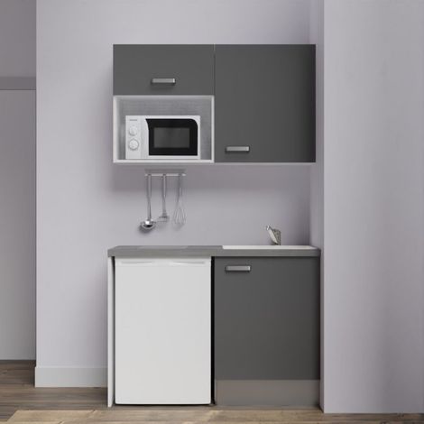 Kitchenette K07L-PT - 120 cm avec plan de travail et évier, emplacements frigo et micro-ondes - Façade Gris - Plan Gris béton - Evier Inox - Crédences Non