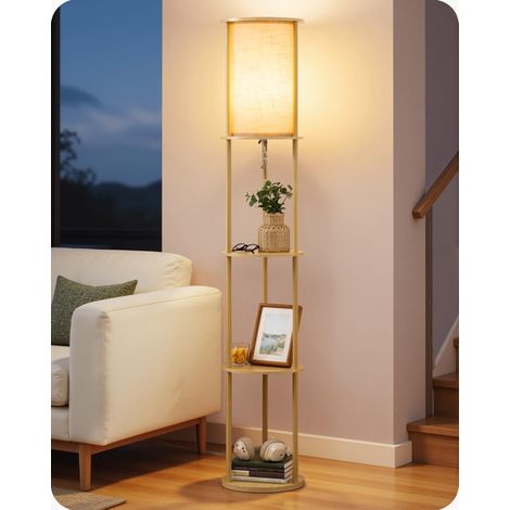 Lampadaire LED avec Étagère, Abat-Jour Lin, Blanc Chaud 2700K Éclairage Intérieur Moderne 9 W avec 3 Étagères, Structure Métal, E27, Interrupteur au Pied, Pour Salon, Coins, 162 cm (1/5)
