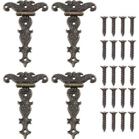 4 Pcs Charnières Décoratives en Bronze Vintage Sculptées Charnière Meubles en Forme de T pour Porte de Placard Boîte à Outils avec Vis (1/5)