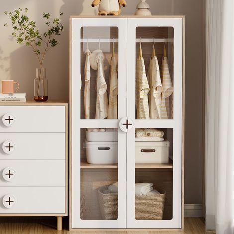 Armadio per bambini a 2 ante in MDF bianco e naturale, 80x50x150 cm (1/5)