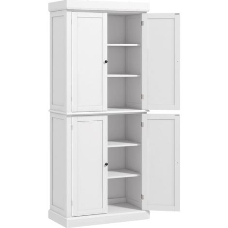 Freestanding White Kitchen Cupboard with 4 Doors, 6-Tier Shelving, and 4 Adjustable Shelves for Versatile Storage