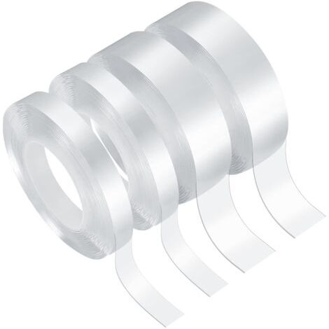 QORVA-4 Rouleaux Ruban Adhésif Double Face Extra Fort Transparent, Ruban Adhésif Réutilisable Puissant Sans Trace Lavable Et Détachable pour Tapis, Cadre Photo, Cuisine - 1cm x 3m/2cm x 3m