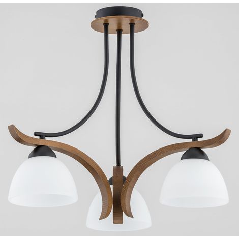 Alfa Bafia 3-Light Chandelier Ceiling Pendant Lamp, Dark Wood & Black Metal with White Glass Shades, E27 3x60W, Dimmable, IP20 Indoor, 46cm, Model 26123, Modern Rustic for Living Room & Dining Area