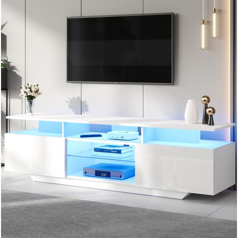 Mueble TV 160x40x45 cm blanco en MDF con LED, 2 armarios y estantes de vidrio templado (1/5)
