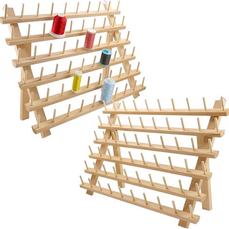 Soporte para 2x60 hilos, madera de haya, organizador para 120 bobinas, patas plegables, ganchos de pared, para bordado y acolchado. (1/5)