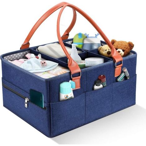 Scatola porta pannolini per neonati in denim blu 28×40×20 cm  Cestino portaoggetti con divisori, manico in pelle e tasca con cerniera (1/5)