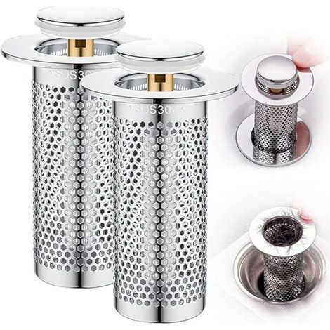 Dieses Set aus 2 Spülbeckenstöpseln mit Haarauffangbehälter, ausklappbarem Edelstahl-Ablauffilter und herausnehmbarem Filterkorb ist der ideale Ersatz für Ihr Spülbecken. (1/5)