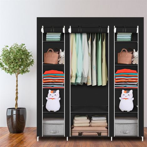 Armoire portable 69" en tissu non-tissé noir, 12 étagères, barre de suspension (1/5)