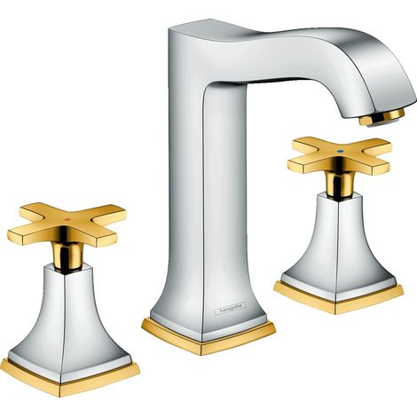 Metropol Classic Mezclador cromado/oro de lavabo de 3 agujeros 160 de crucetas con vaciador automático (1/3)