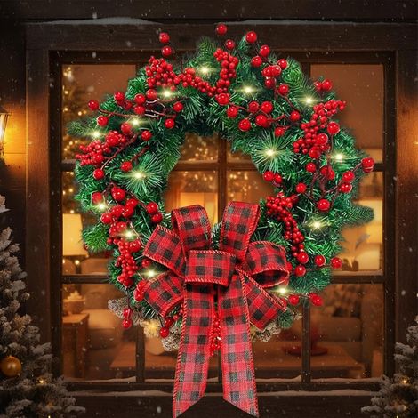 Christmas Wreath for Front Door 40CM Large Lighted Outdoor Lush Pine Needle Wreath with Red Berries and Bow Xmas jardin (1/5)
