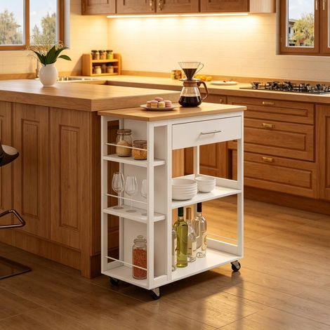 Küchenwagen 73x38x88 cm Weiß-Holzkorn MDF mit Schublade, offenen Regalen und Rollen (1/5)