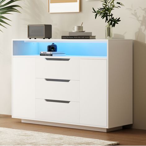 Credenza in legno ingegnerizzato bianco opaco 120x40x85 cm con vano a giorno, 3 cassetti e 2 ante (1/5)