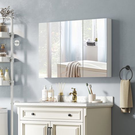Badezimmer-Wandschrank mit Spiegel, 3-türiger Spiegelschrank, verstellbare Einlegeböden, 91,5 x 11,5 x 65 cm, weiß
