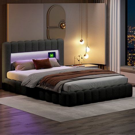 Estructura de cama con arcón 140x200 cm gris de lino con LED integrada y almacenamiento hidráulico