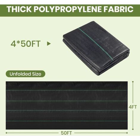 Géotextile de contrôle des mauvaises herbes 1,2 x 15 m 4 x 50 pi - 100 g/m², fibre de polypropylène tissée, perméable, résistant aux UV, inhibe la croissance des mauvaises herbes. (1/3)