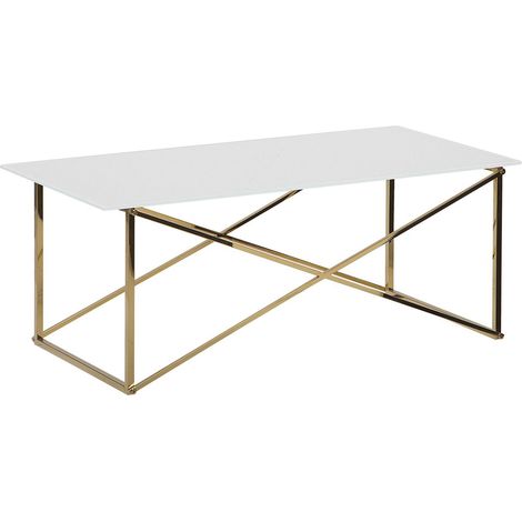 Tavolino Piano Bianco e Vetro Temperato Base Acciaio Dorato 100 x 50 cm Emporia