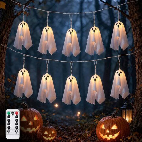 Fantôme à Suspendre Halloween, 2.75M Guirlande Lumineuse Fantôme Décoration Halloween à 8 Modes, avec Télécommande et Minuteur, Deco d'Halloween à Suspendre Extèrieur à Piles pour Fête, Patio (1/5)
