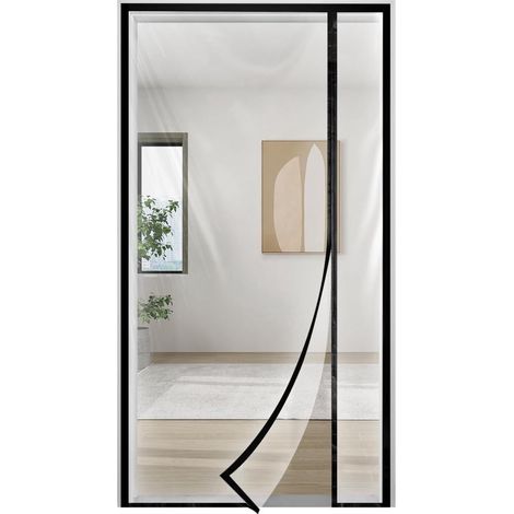 Moustiquaire magnétique réversible (ouverture gauche/droite), rideau en maille robuste avec aimant puissant pour porte-fenêtre ou balcon, dimensions réelles : 85 x 210 cm (33 x 82 pouces), noir. (1/5)