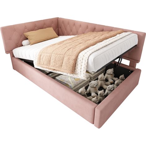 Lit capitonné jour 90x200, banquette avec coffre hydraulique, lit enfant ado cadre sommier bois, velours, rose, matelas non inclus, gain de place, pour chambre enfant (1/5)