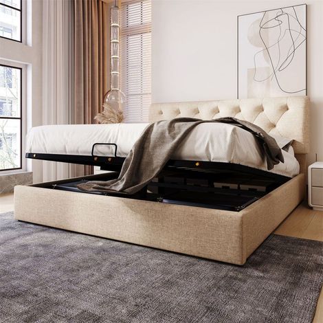 Lit coffre rembourré 140x200 cm en lin naturel, sommier à lattes métal, hydraulique, beige (sans matelas) (1/5)