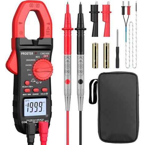 Pinza amperometrica digitale NCV da 600 A, multimetro a pinza TRMS professionale da 2000 conteggi, corrente AC, tensione AC/DC, continuità NCV, resistenza, temperatura, diodo, Hz (1/4)