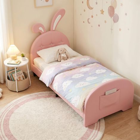 FurnitureR Pink Bunny Single Bed 90x190cm with Side Table Basket (1/5)
