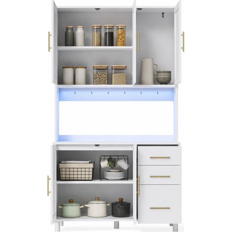 Buffet cuisine 183 cm blanc avec LED multicolore, 2 prises, 2 USB, 3 tiroirs, rangements modulables et poignées métal doré - CHICFURN (1/5)