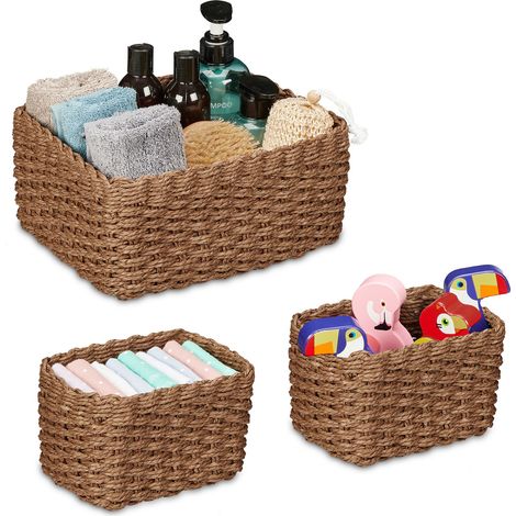Relaxdays Aufbewahrungskorb geflochten, 3er Set, 2 Größen, Badezimmerkorb, Schrank & Regal, Papierseil, Dekokörbe, braun