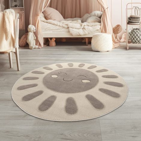 Tapis enfant à poils courts, motif soleil, doux et moelleux, effet 3D Crème, Rond, 160 cm x 160 cm x 21 mm (1/5)