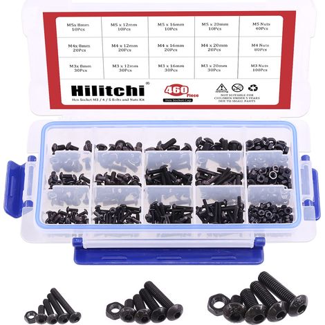 460-piece M3 M4 M5 Tête de bouton Douille hexagonale Tête capuchon Boulons Vis Écrous Assortiment kit – 12.9 Acier en alliage (1/5)