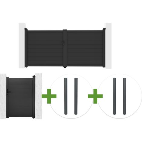Portail battant 3m EIGER H.140cm gris + portillon 1m EIGER H.140cm + 4 poteaux ELDA