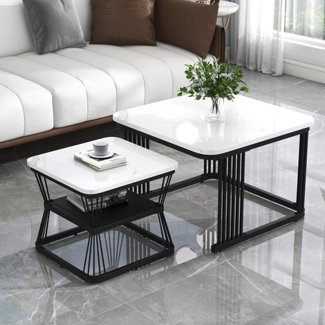 (N625P173136Z) Ensemble de 2 tables d'appoint modernes, MDF aspect marbre, structure en tube d'acier blanc brillant noir, dimensions des 2 tables : 65 x 65 x 45 cm et 45 x 45 x 39,5 cm (1/5)