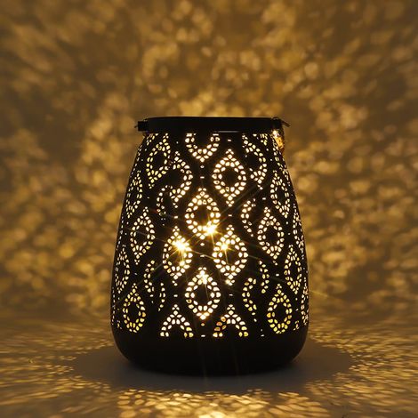 Lampe de Table Métallique de Style Marocain Fonctionnant sur Batterie 23 cm Haut, Lanterne Vintage Cordless pour Salon, Jardin, Patio, Soirées (Noir avec Finition Or) (1/5)