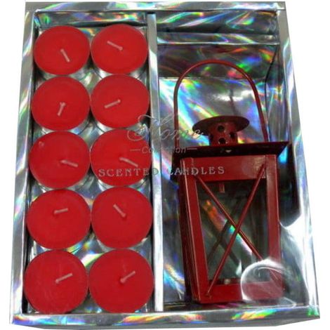 Set decorativo con accenti caldi - Lanterna rossa e candele tealight