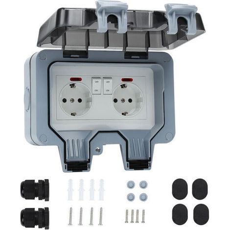 Prise Exterieure Etanche 16A IP66 Double Prise de Courant et Volet de Protection Multiprise Electrique Murale de Jardin, Prise Anti-Poussière et Coupe-Vent avec Interrupteur, Voyant Lumineux (1/4)