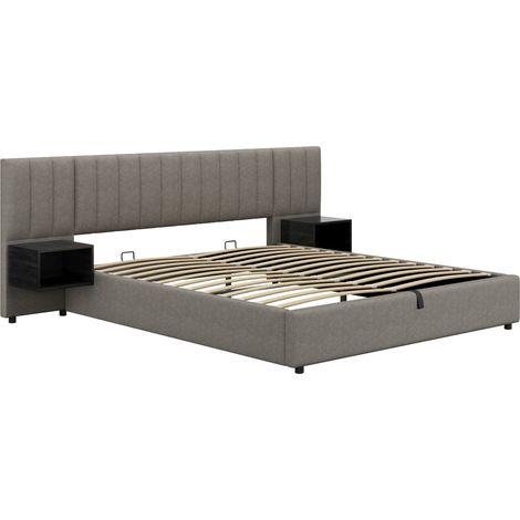 Cama canapé 180 x 200 cm en lino gris y negro con 2 mesitas y somier de láminas (1/5)