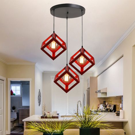 – Lustre suspension industrielle E27 3 lampes – Abat-jour rouge et disque noir – Câble ajustable 100 cm – Pour cafés et restaurants (1/4)