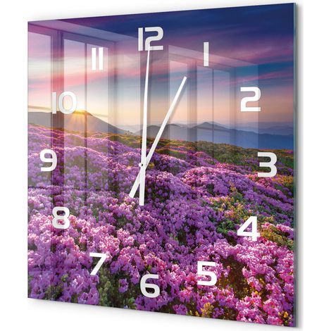 Grande Horloge Murale Carrée Décorative en Verre Silencieuse Salon Cuisine Bureau Fleurs dans les montagnes 60x60 cm (1/5)