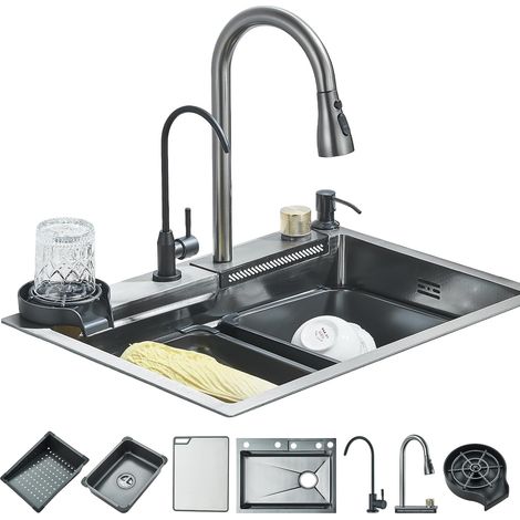 Évier de Cuisine Cascade Multifonction Acier inoxydable Évier Simple avec Robinet Extensible Grand Cuve 1 Bac avec Machine à laver les tasses Planche à découper Eau pure 60 45 21 CM,Noir (1/5)