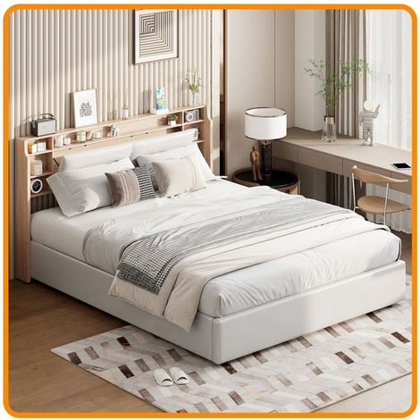 Doppelbett 160x200 cm mit Stauraum, weißes PU-Leder und Holzregal - Minimalistisches Design Bett mit Stauraum
