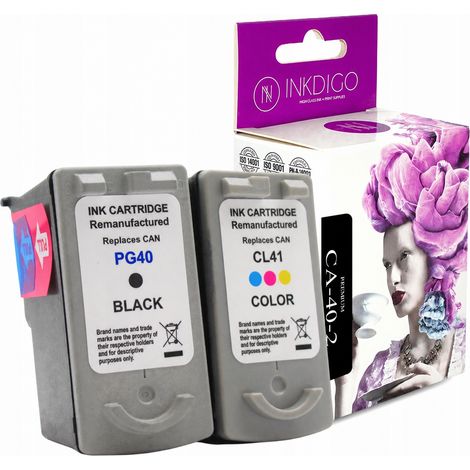 Encre Inkdigo PG40 CL41 compatible avec les imprimantes Canon Pixma IP1100, MP140, MX300 et IP1800. Certifiée TÜV. (1/5)