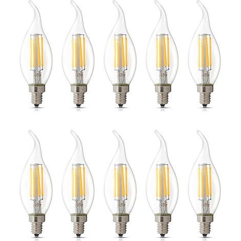 Lot de 10 ampoules LED E14 à intensité variable 4 W, Blanc chaud 2700 K, C35 forme de flamme à pointe inclinée, ampoules LED vintage pour lustre, équivalent à une ampoule halogène candélabre [Classe é (1/5)